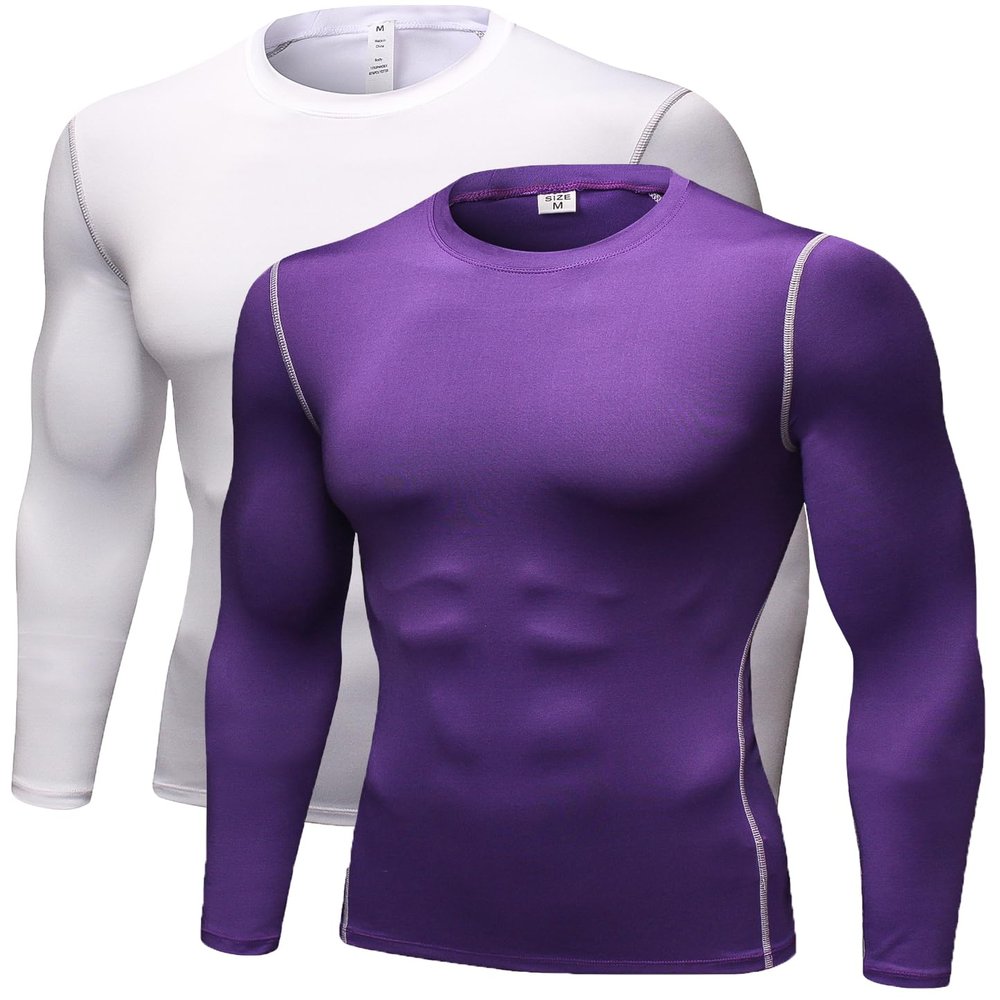 Men's Compression Long Sleeve Shirts, Cool Dry Sport Workout Underwear Shirt Athletic Baselayer Running Gym Tops 2 Pack