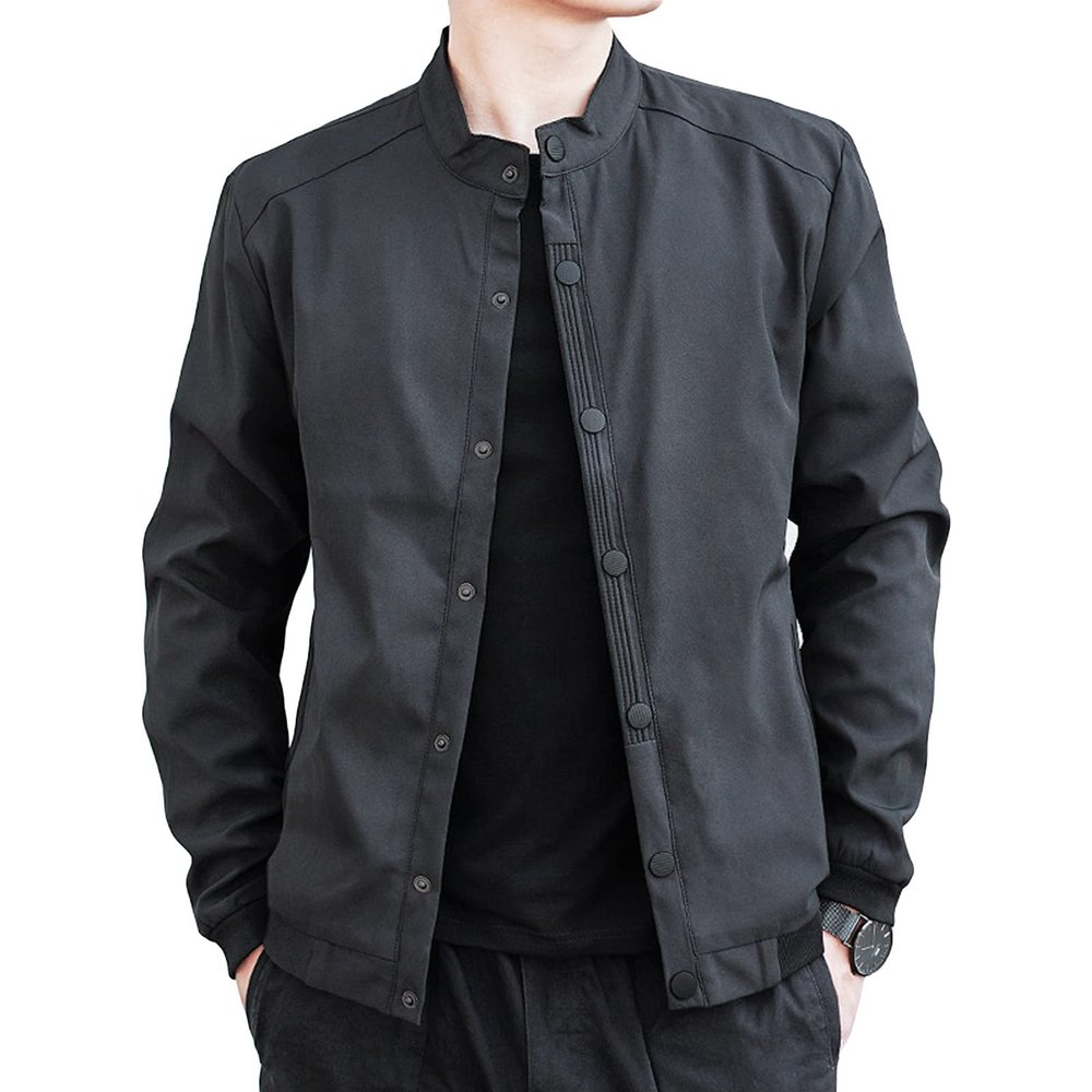 Maiyifu-GJ Men's Classic Casual Lightweight Jacket Casual Button Front Breathable Jacket Winter Warm Vintage Coat Outerwear (Black 1,Large)
