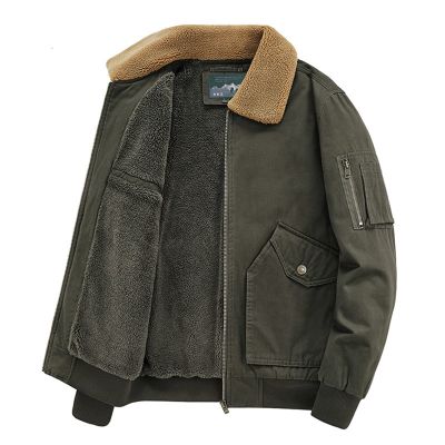 Maiyifu-GJ Men's Classic Lapel Sherpa Lined Jacket Fur Collar Full Zip Trucker Jacket Winter Warm Military Coat Outerwear (Armygreen,Large)
