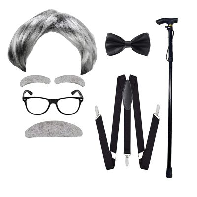 ATTBEA Old Man Costume Wig for Kids 100 Days of School Costume for Boys Old People Costume Set for Adults Men Halloween costume Grey