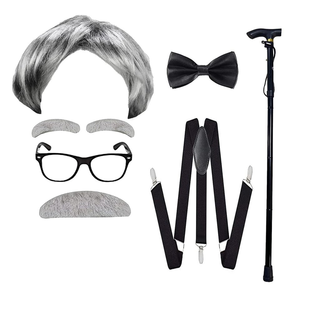ATTBEA Old Man Costume Wig for Kids 100 Days of School Costume for Boys Old People Costume Set for Adults Men Halloween costume Grey