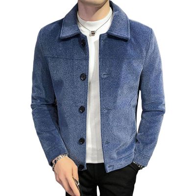 Maiyifu-GJ Men's Wool Blend Button Down Coat Single Breasted Lapel Short Pea Coat Vintage Stylish Classic Slim Fit Jacket (Blue,Large)