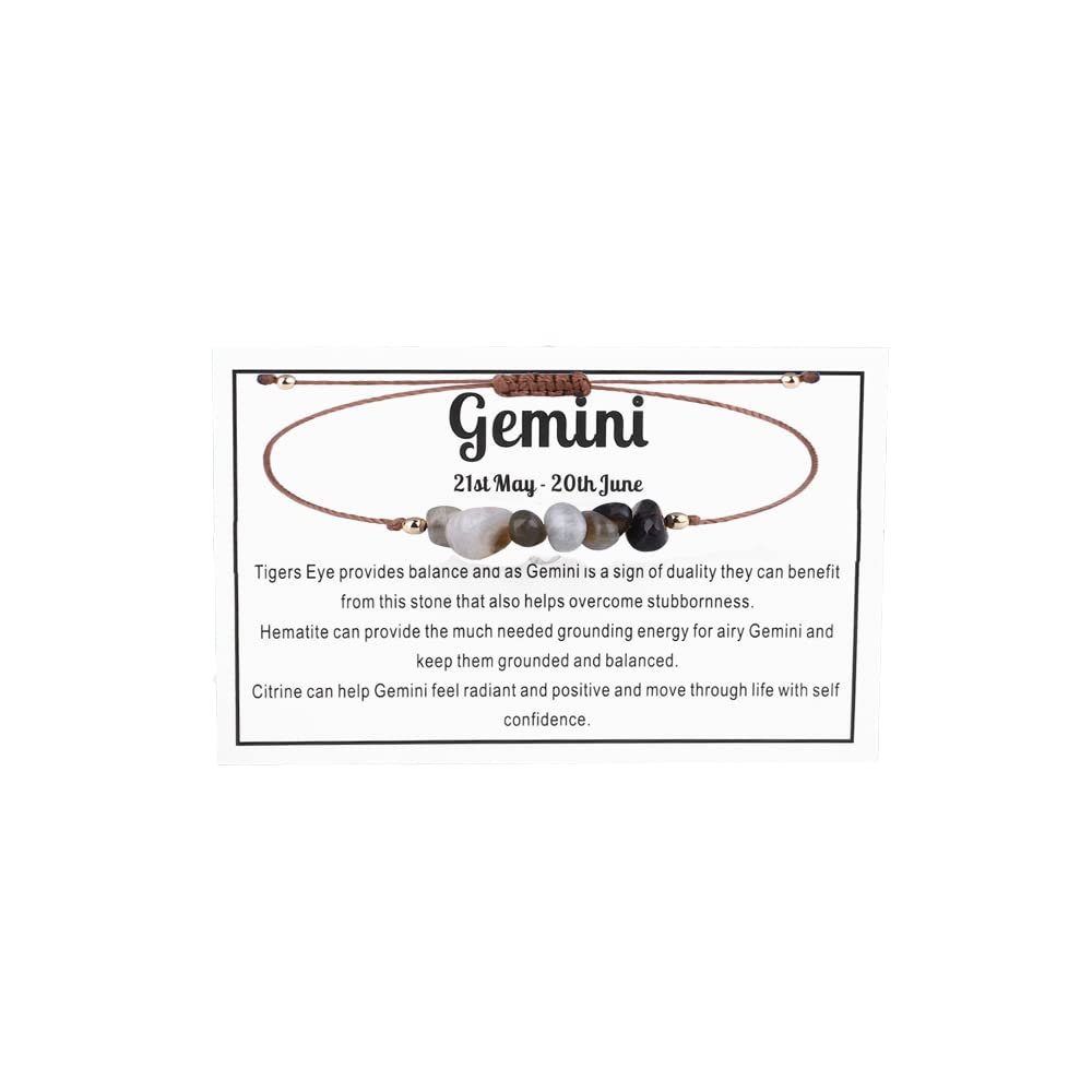 12 Constellation Zodiac Crystal Natural Stone Horoscope Stretch Bracelets Healing Gemstone Adjustable Braid Cord String Rope for Couples Friendship Reiki Yoga Meditation Jewelry-Gemini B