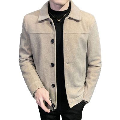 Maiyifu-GJ Men's Wool Blend Button Down Coat Single Breasted Lapel Short Pea Coat Vintage Stylish Classic Slim Fit Jacket (Light Grey,4X-Large)