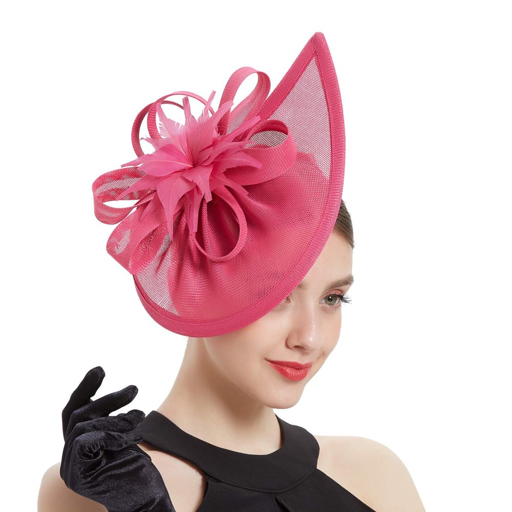 Bubbmi Sinamay Fascinator Hat with Top Flower, Women Feather Pillbox Headwear, Church Wedding Cocktail Tea Party Headpiece(C hot Pink)