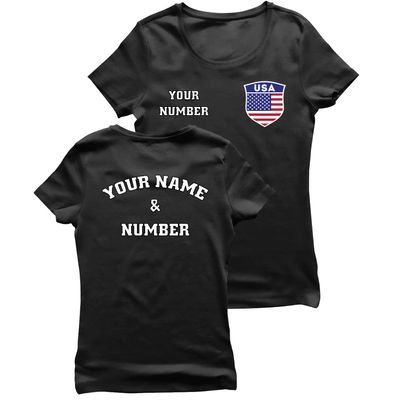 Personalised Women's USA 2026 Football T-Shirt Short Sleeve | Custom Name and Number | USA Flag Design (S Black Multi Color)