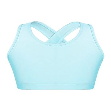 YONGHS Kids Girls Athletic Bra Shoulder Straps Cross at Rear Sport Bra Top Keyhole Back Shockproof Running Gym Light Blue 4 Years
