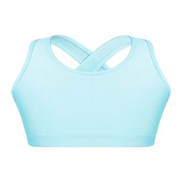 YONGHS Kids Girls Athletic Bra Shoulder Straps Cross at Rear Sport Bra Top Keyhole Back Shockproof Running Gym Light Blue 4 Years