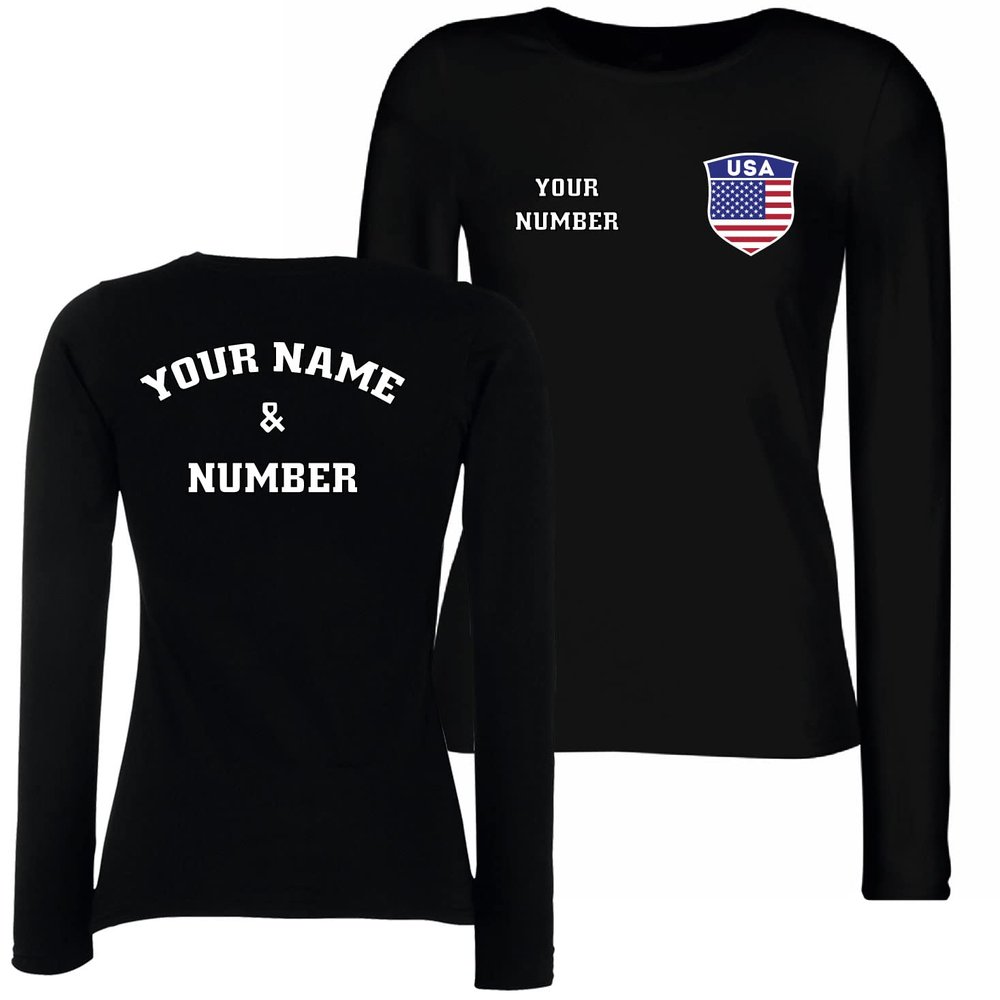 Personalised Women's USA 2026 Football T-Shirt Long Sleeve | Custom Name and Number | USA Flag Design (XL Black Multi Color)