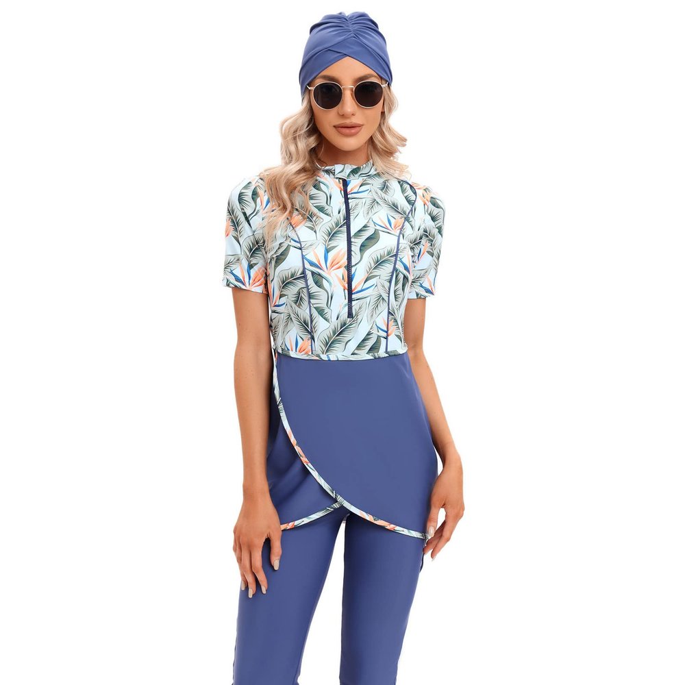 Womens Muslim Swimsuits Short Sleeve Printed Top Swim Pants With Chest Pads Full Coverage Swimwear Modest Islamic Hijab Ladies Beachwear Swimming Burkini Bathing Suit 3PCS Flamingo Flower X-Large