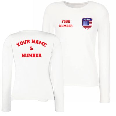 Personalised Women's USA 2026 Football T-Shirt Long Sleeve | Custom Name and Number | USA Flag Design (M White Multi Color)