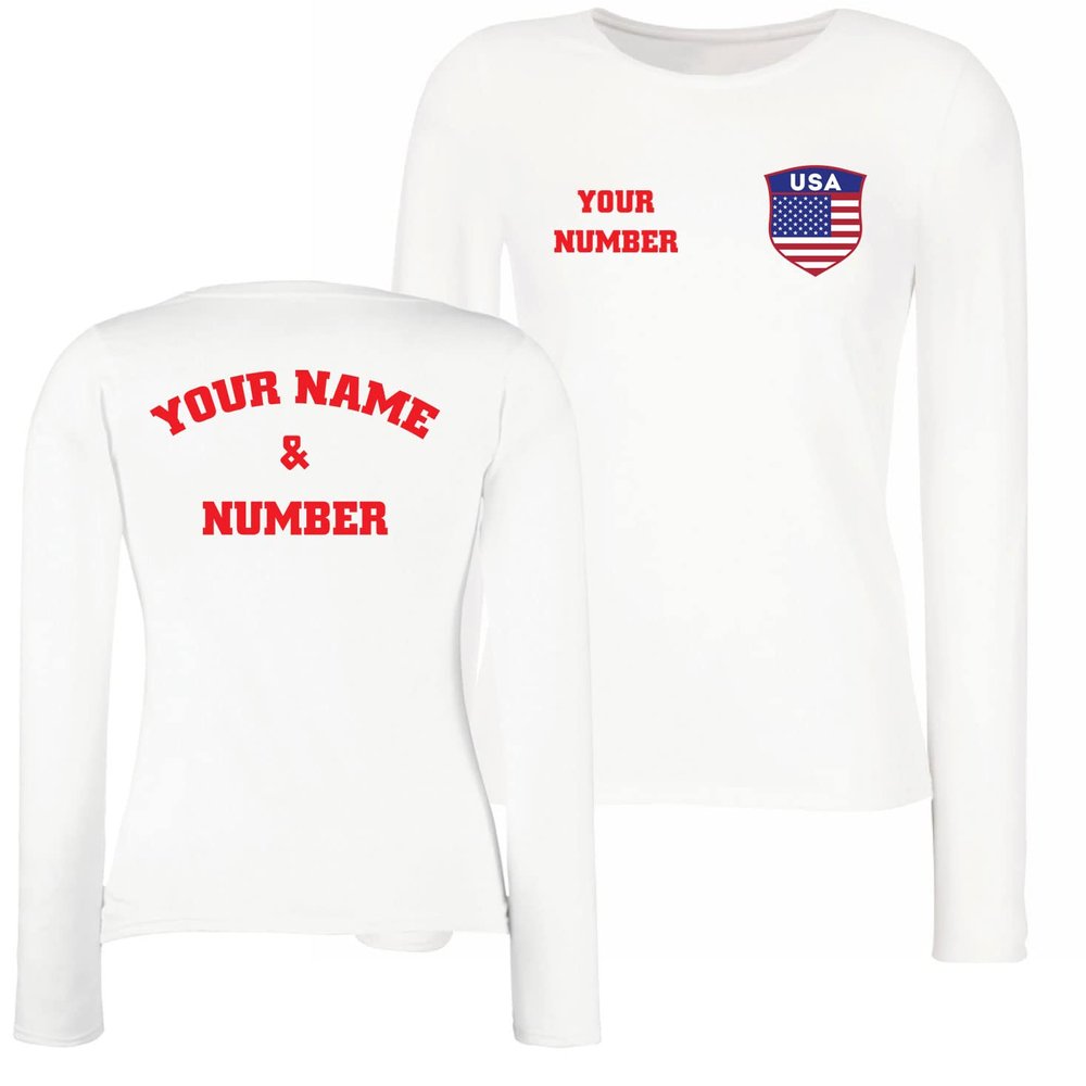 Personalised Women's USA 2026 Football T-Shirt Long Sleeve | Custom Name and Number | USA Flag Design (M White Multi Color)