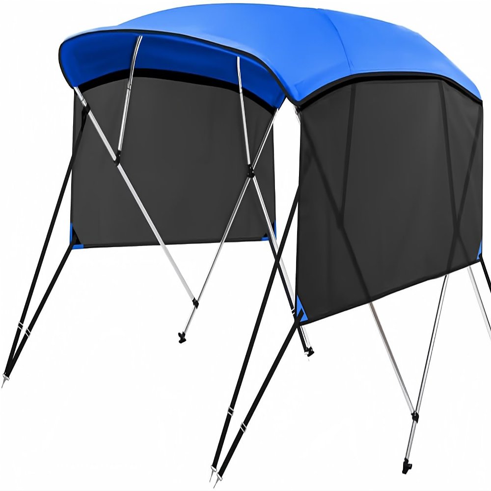 KAKIT Bimini Tops with Mesh Sidewalls Support Poles for Boats Marine Grade Canvas Top Includes 2 Straps Storage Boot 1 Inch Aluminum Frame(3 Bow 6'L x 46" H x 61"-66" W,Blue)