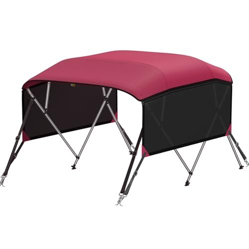 KAKIT Bimini Tops with Mesh Sidewalls Support Poles for Boats Marine Grade Canvas Top Includes 2 Straps Storage Boot 1 Inch Aluminum Frame(4 Bow 8'L x 54" H x 61"-66" W,Burgundy)
