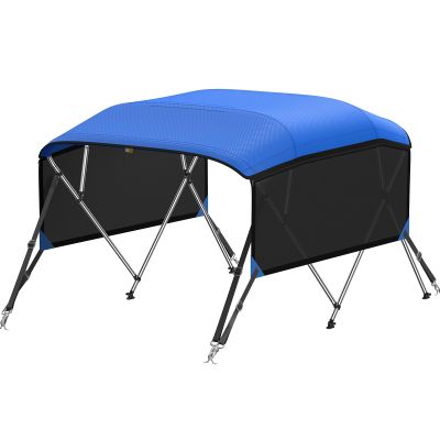 KAKIT Bimini Tops with Mesh Sidewalls Support Poles for Boats Marine Grade Canvas Top Includes 2 Straps Storage Boot 1 Inch Aluminum Frame(4 Bow 8'L x 54" H x 73"-78" W,Blue)