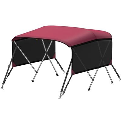 KAKIT Bimini Tops with Mesh Sidewalls Support Poles for Boats Marine Grade Canvas Top Includes 2 Straps Storage Boot 1 Inch Aluminum Frame(3 Bow 6'L x 46" H x 61"-66" W,Burgundy)