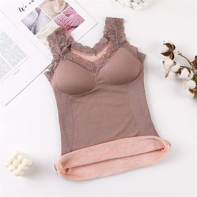 ANRIO Women's Velvet Thermal Underwear with Wireless Bra Plus Size Warm Vest Tops Slim Fit Tank Top Inner Wear Undershirts (Color : Bean Paste, Size : XL/X-Large(65-85kg))