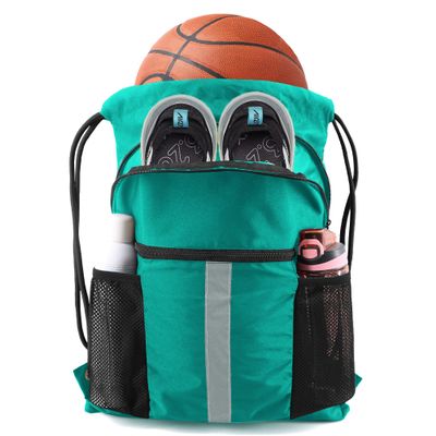 BeeGreen Teal Drawstring Backpack String Bag with Water Bottle Pockets Large Workout Bag Sackpack and Shoe Compartment Swim Sports Cinch Bag for Men Women Gym Yoga