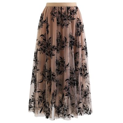 CHICWISH Women's Caramel 3D Leaf Double-Layered Mesh Tulle Midi Skirt, Size XXL-XXXL