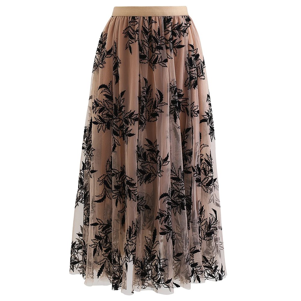 CHICWISH Women's Caramel 3D Leaf Double-Layered Mesh Tulle Midi Skirt, Size XXL-XXXL
