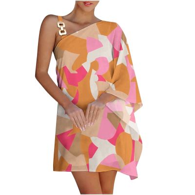 ADHOWBEW Summer Dress for Women,Fashion One Shoulder Batwing Sleeve Mini Dress Loose Fit Casual Flowy Floral Print Cute Dress Plus Size Boho Dress Sexy Dress Wedding Guest Dresses(E-Orange,X-Large)