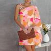 ADHOWBEW Summer Dress for Women,Fashion One Shoulder Batwing Sleeve Mini Dress Loose Fit Casual Flowy Floral Print Cute Dress Plus Size Boho Dress Sexy Dress Wedding Guest Dresses(E-Orange,X-Large) view 2