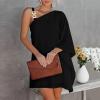 ADHOWBEW One Shoulder Dresses for Women,Plus Size Summer Dress Casual Flowy Floral Print Sexy Dress Fashion Batwing Sleeve Mini Dress Loose Fit Cute Dress Wedding Guest Dresses(D-Black,Large) view 2