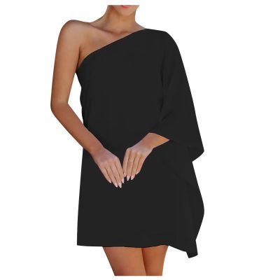 ADHOWBEW One Shoulder Dresses for Women,Plus Size Summer Dress Casual Flowy Floral Print Sexy Dress Fashion Batwing Sleeve Mini Dress Loose Fit Cute Dress Wedding Guest Dresses(B-Black,Medium)