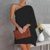 ADHOWBEW One Shoulder Dresses for Women,Plus Size Summer Dress Casual Flowy Floral Print Sexy Dress Fashion Batwing Sleeve Mini Dress Loose Fit Cute Dress Wedding Guest Dresses(B-Black,Medium) view 2