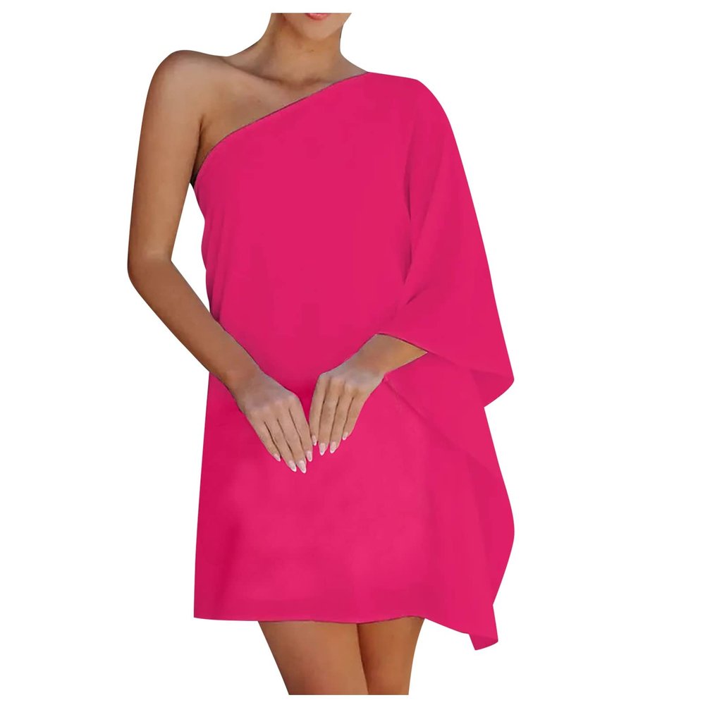 ADHOWBEW One Shoulder Dresses for Women,Plus Size Summer Dress Casual Flowy Floral Print Sexy Dress Fashion Batwing Sleeve Mini Dress Loose Fit Cute Dress Wedding Guest Dresses(B-Hot Pink,Medium)