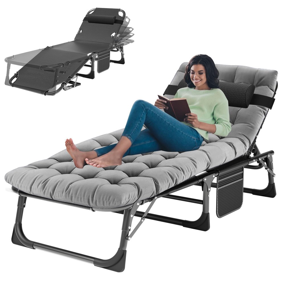 ABORON Patio Lounge Chair, Folding Guest Bed Cot for Adults, 500LB Heavy-Duty Capacity, Portable Extra Bed with Comfort Mat, Quick Fold Design for Indoor Guest Stays & Temporary Use