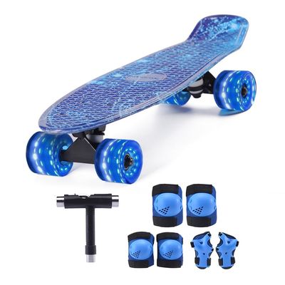 Kids Skateboard Set with Light-Up WheelsComplete Beginner Kit Includes Full Protective Gear & Skate ToolIdeal for Boys & Girls,Blue 22"