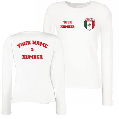 Personalised Women's Mexico 2026 Football T-Shirt Long Sleeve | Custom Name and Number | Mexico Flag Design (XXL White Multi Color)