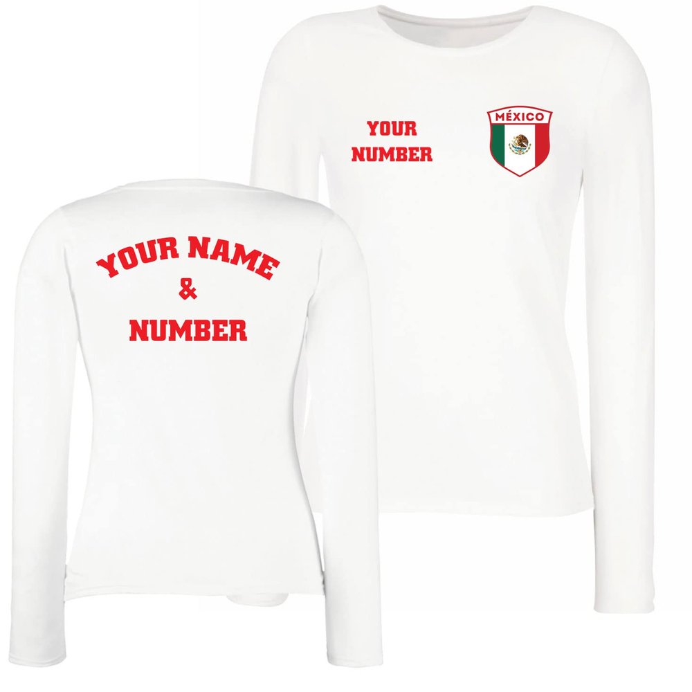 Personalised Women's Mexico 2026 Football T-Shirt Long Sleeve | Custom Name and Number | Mexico Flag Design (XXL White Multi Color)