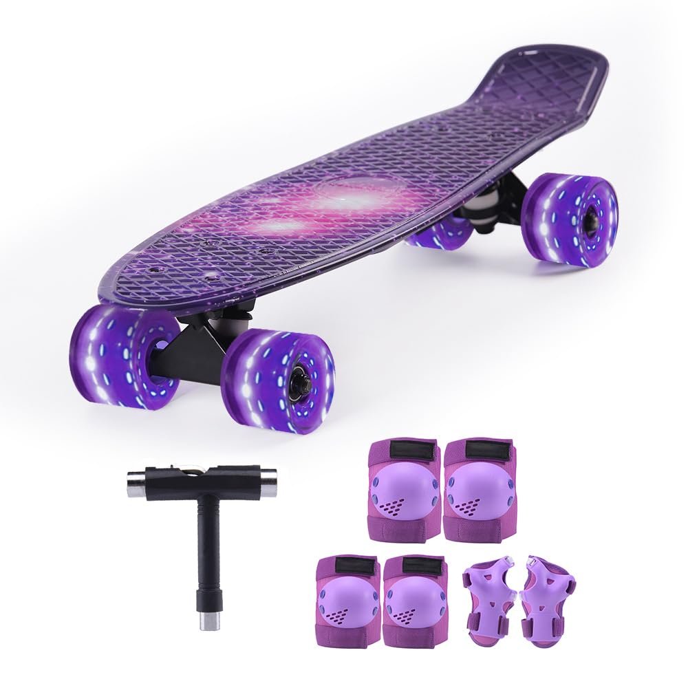 Kids Skateboard Set with Light-Up WheelsComplete Beginner Kit Includes Full Protective Gear & Skate ToolIdeal for Boys & Girls,Purple 22"