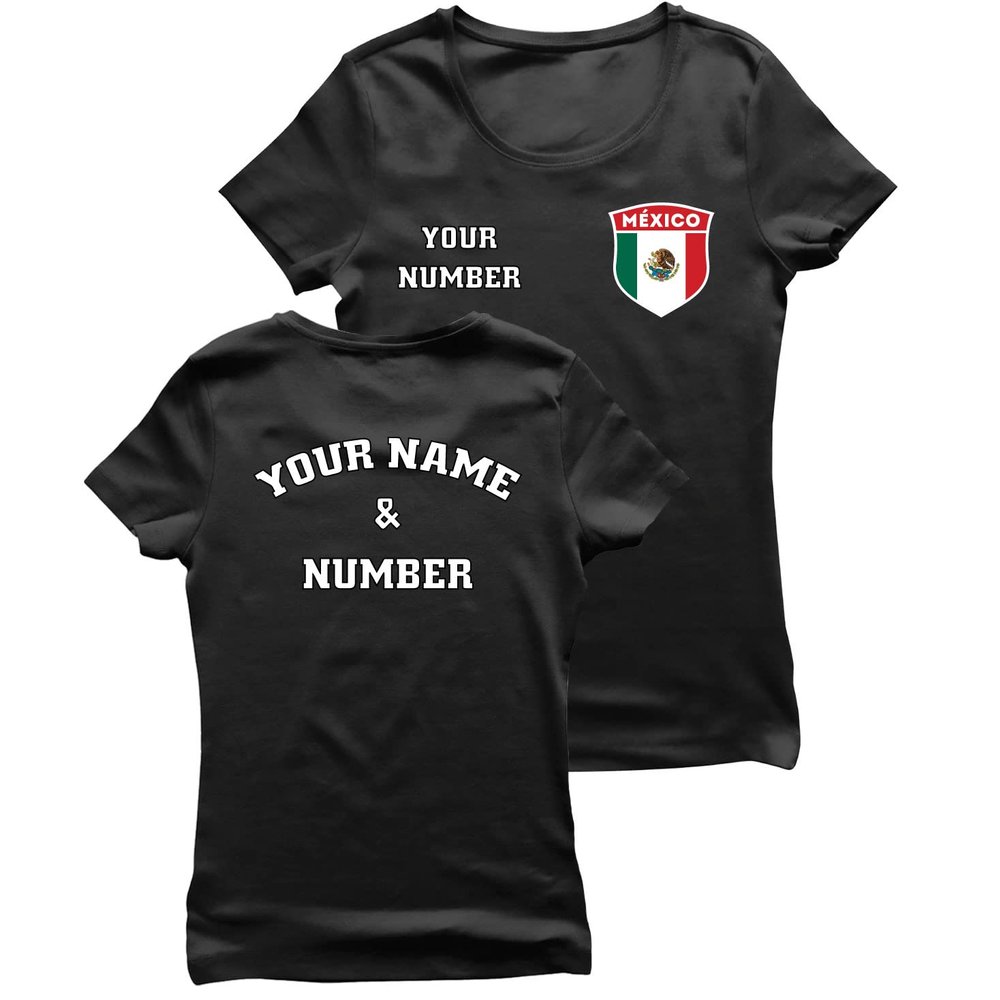 Personalised Women's Mexico 2026 Football T-Shirt Short Sleeve | Custom Name and Number | Mexico Flag Design (L Black Multi Color)