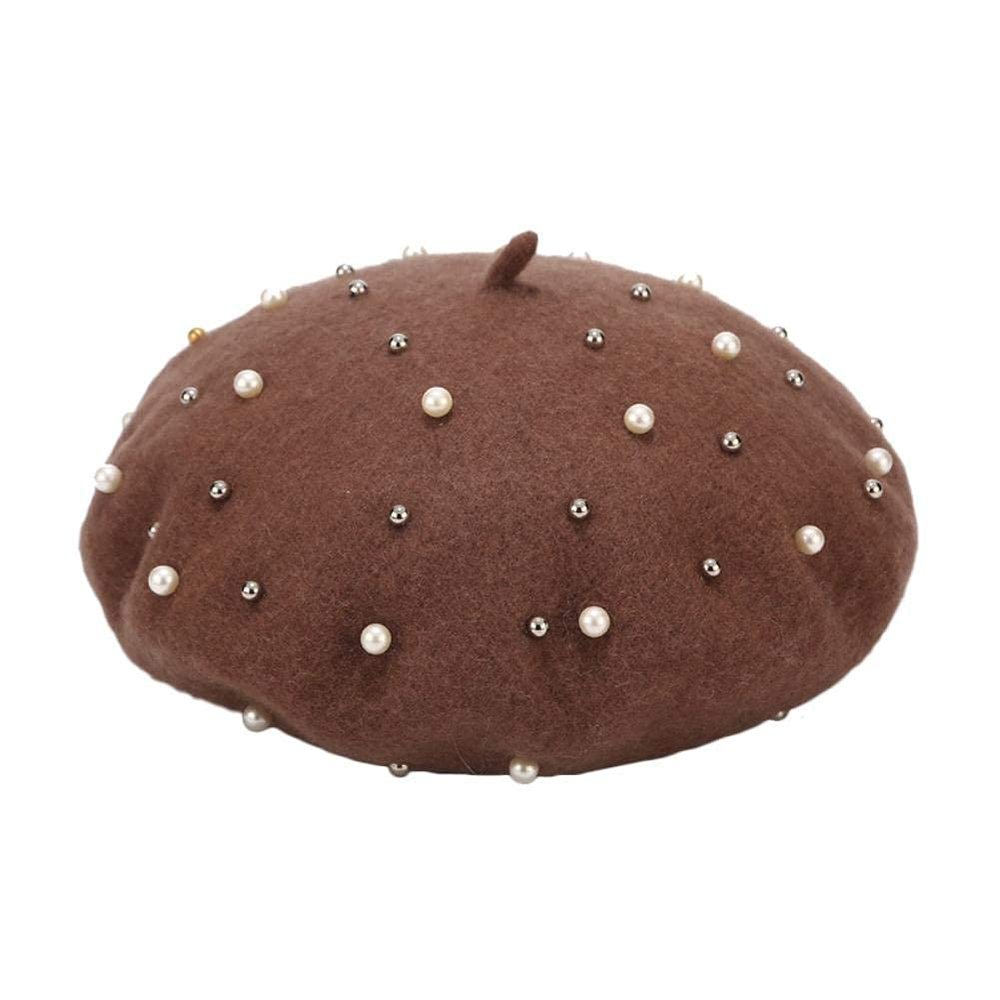 WYR Hat,Winter Warm Hat,Women's Beret, Classic Retro Artist Cap, Woman Hat Accessories Stud Painter Hat,Brown,M