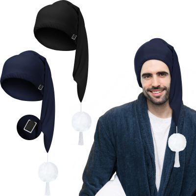 Geyoga 2 Pcs Men Silk Night Sleeping Cap Adjustable Drawstring Night Sleeping Cap with Pom Ball for Daily Use(Milk Fiber,Black, Navy Blue)