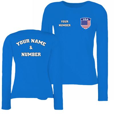 Personalised Women's USA 2026 Football T-Shirt Long Sleeve | Custom Name and Number | USA Flag Design (XL Royal-Blue Multi Color)