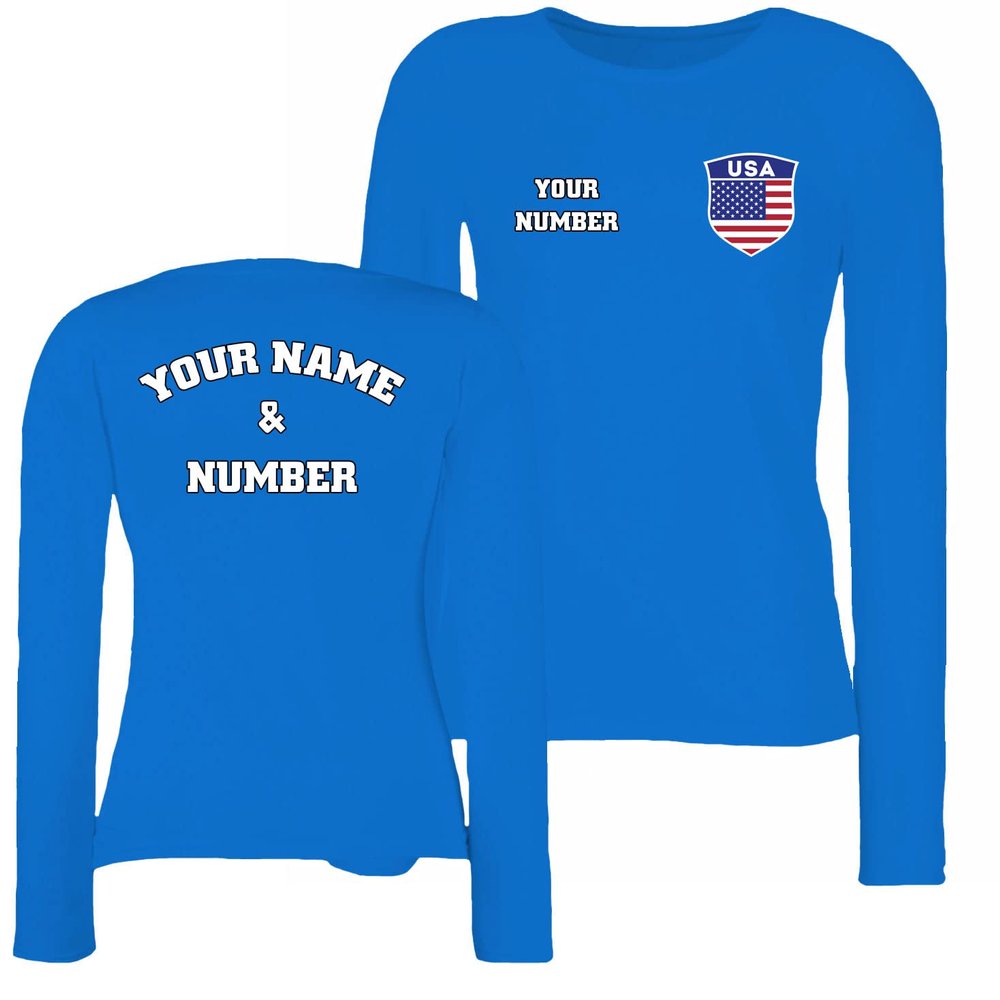 Personalised Women's USA 2026 Football T-Shirt Long Sleeve | Custom Name and Number | USA Flag Design (XL Royal-Blue Multi Color)