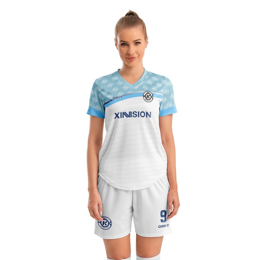 ORKY USA Women Soccer Jersey, Quick Dry Sublimation Customize Shirt Short Set, Lightweight Breathable Training Uniform Freeze(White 2XS)
