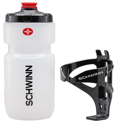 Schwinn Translucent Sport Water Bottle with Holder for Bicycle, 26 oz, BPA-Free, Dual-Stage Nozzle, Ergonomic Design, Cage Easily Mounts to Bike, Hydration Tracking, Bike Water Bottle Holder Combo