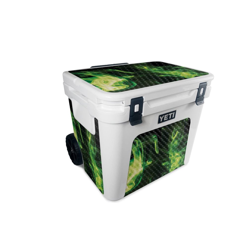 MightySkins Carbon Fiber Skin Compatible With Yeti Roadie 60 Wheeled Cooler - Green Mystic Flames | Protective, Durable Textured Carbon Fiber Finish | Easy To Apply and Change Styles | Made in the USA