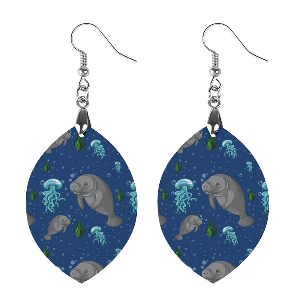 Manatee and Jellyfish Womens Dangle Earrings Wooden Earring Retro Ornaments Jewelry Gift for Birthday/Holiday