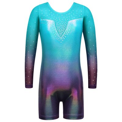 BAOHULU Gymnastics Leotards for Girls Long Sleeve Shiny Sequins Kids Biketards with Shorts Dance Unitards B217_Aqua_110