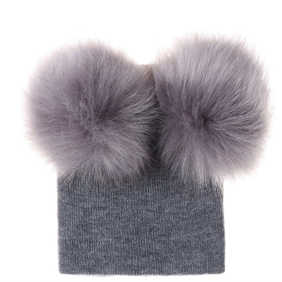 Winter Baby Knitted Hat Boys Girls Autumn Knit Hats for Children Toddler Kids Warm Windproof Beanie Big Pom Pom Cap 0-2 Years (Grey)
