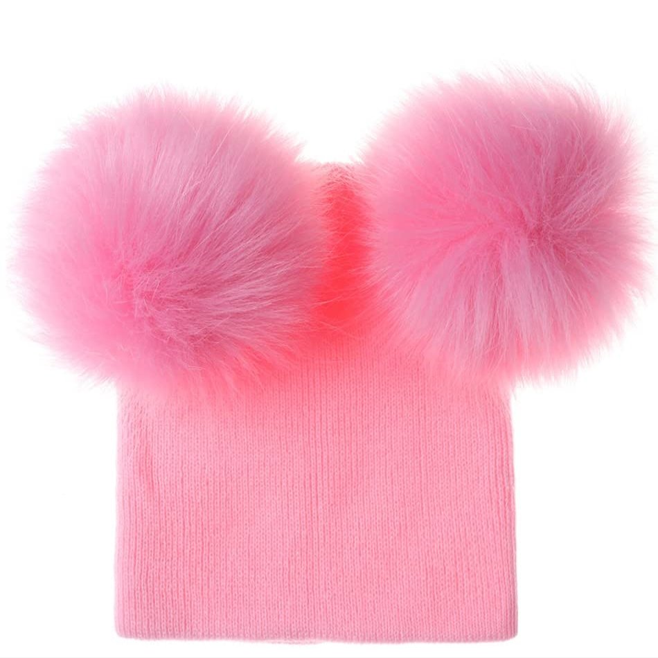 Winter Baby Knitted Hat Boys Girls Autumn Knit Hats for Children Toddler Kids Warm Windproof Beanie Big Pom Pom Cap 0-2 Years (Pink)