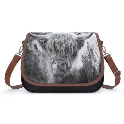 Black White Highland Cow Leather Crossbody Bags Fashion Tote Shoulder Bag Purse Wallet for Travel Office