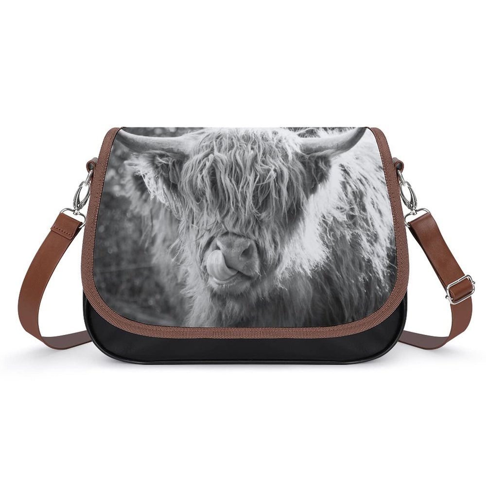 Black White Highland Cow Leather Crossbody Bags Fashion Tote Shoulder Bag Purse Wallet for Travel Office