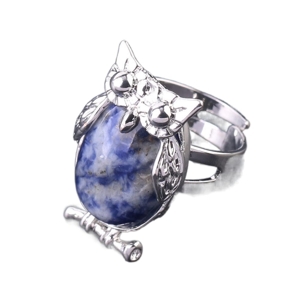 Owl Women's Finger Ring Natural Stone Cabochon Bead Adjustable Ring Silver Animal Charm Party Jewellery,Sodalite